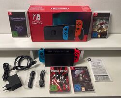 Nintendo Switch 128GB Spielkonsole - Neon-Rot/Neon-Blau Mit 4 Spiele