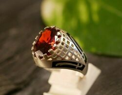 Toller 925 Sterling Silber Ring Roter Stein Facettiert Schwert Mohammed Email