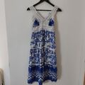 Vintage indisches Maxi Tee Kleid Gr. 10 blau weiß Paisley Boho Spitze Stil Arbeit