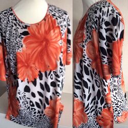 T Shirt over Size Gr. XL  44 46 Blume Bügelfrei Schwarz ORANGE Leo Look wie Neu