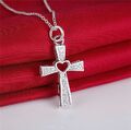 925 SILBER Kreuz Herz Silberkette Anhänger mit Halskette Silberschmuck NEU DAMEN