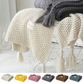 Strickdecke Kuscheldecke Grobstrick Wolldecke Gestrickte Tagesdecke mit Quaste