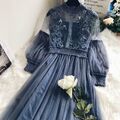 Frauen Spitze Aushöhlung Puffärmel Blumenmuster Kleid Vintage Netz elegant Fee