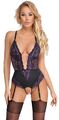 Damen  Body Spitze Strass Schritt offen ouvert lila Gr S 36/38 Sexy Dessous Reiz