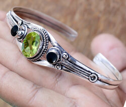 Apfelgrüner Peridotschliff & schwarzer Onyx Edelstein 925 Sterling Silber Arm...