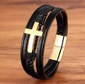 ARMBAND HERREN LEDER EDELSTAHL KREUZ MAGNETVERSCHLUSS SCHWARZ GOLD EDEL MASSIV