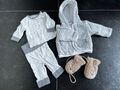 New born set, unisex 50/56, Zweiteiler + Jacke grau/weiß + Handschuhe