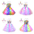 DE Kinder Mädchen Einhörner Kostüm Glitzer Tutu Prinzessin Kleid LED@