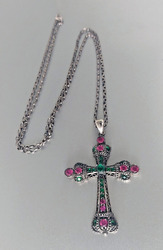 925 Silber Halskette Kreuz Anhänger 7 x 4,5cm pink grün Glasssteine 80cm Kette