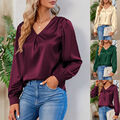 Damen Satin V-Neck Tops Blusen T-Shirt Falten Freizeit Langarm Hemd Oberteile DE