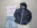 3 Tolle Teile für Mädchen gr 128 , Jeansshort , T-Shirt , leichte Kapuzenjacke