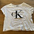 Calvin Klein Jeans Damen T-Shirt XS/34 weiß mit Logo Print schwarz, Basic Shirt