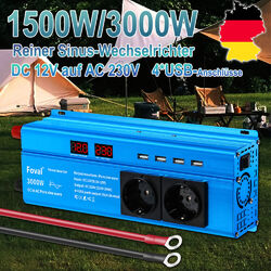 Spannungswandler 1500W 3000W Reiner Sinus 12V auf 230V Wechselrichter 4USB 2AC