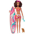 Barbie-Puppe mit Surfbrett und Hündchen, brünette Barbie-Puppe in Badebekleidung