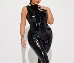 Plus Size Übergröße Bodycon Jumpsuit Catsuit Lack-Optik Wet Reißverschluss L-7XL