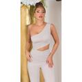 Damen One-Shoulder Overall Jumpsuit mit Schlag Beige 34/36/38 #OV594