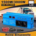 1500W 3000W Reiner Sinus Spannungswandler 12V auf 230V Wechselrichter 4USB 2AC