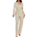 Damen Sexy Glitter Paillette V-Ausschnitt Lange Ärmel Gürtel Schlanke Jumpsuits