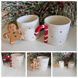 Clayre & Eef Tasse Punkte Weihnachten Lebkuchenmann Zuckerstange Lebkuchen  weiß