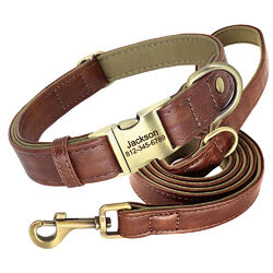 Personalisiert Hundehalsband & Leine mit Namen Gravur Weiches Leder Verstellbar