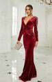 Elegantes Langarm Abendkleid, Samt, V-Aussichnit, XJ2653, Burgund Miss ord, Gr.L