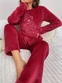 Damen Winter Fleece Kuschelig Flauschig Warm Weich Pyjama Frauen Schlafanzug Set