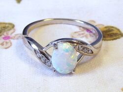 RING 925 Sterling SILBER Edelstein OPAL lab. WEIß oval Gr. 17, 18, 19