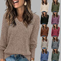 Damen V-Neck Strickpullover Sweater Langarm Pullover Pulli Freizeit Strickhemd