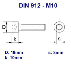 M10 Sechskant Zylinder Senkkopf Schraube Sechskant Stahl verz - DIN 933 912 7991