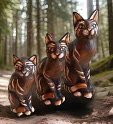 Holzfigur Katzen Set Skulptur Cat Statue Deko Figur Schnitzerei Handwerk Bali