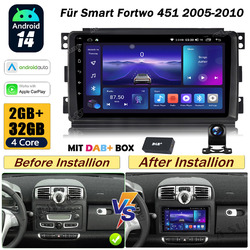9" Android 14 Autoradio CarPlay GPS Navi DAB+ Kam Für Smart Fortwo 451 2005-2010