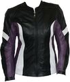 Damen Rindsleder Motorradjacke, schwarz/lila/weiß