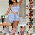 Bleiben Sie modisch zu Hause mit gestreiftem Damen-Pyjama-Top und Shorts Set