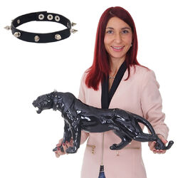 Deko Figur Leopard 59cm, Polyresin Skulptur, schwarz hochglanz Halsbandand