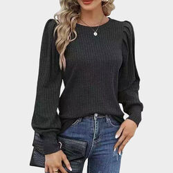 Damen Puffärmel Langarm T-Shirt Oberteile Freizeit Herbst Bluse Tunika Tops Hemd