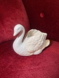 Vintage Small Ceramic White Glazed  Swan Bowl Vase Trinket Dish Bird Planter
