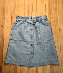 Neu Esprit Baumwolle Leinen Mix Jeans Rock  Mit Bindegürtel Knielang Gr.38