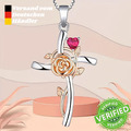 Kreuz Silber Anhänger mit Rose Jesus Zirkonia Herz Halskette Damen Geschenk