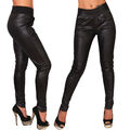 Stretch Hose breiter Bund Leder Imitat Treggings Leggings Röhre Leggins Taschen