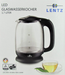 Lentz 1,7 Liter Glas-Wasserkocher mit LED-Beleuchtung, Glaswasserkocher mit 2200