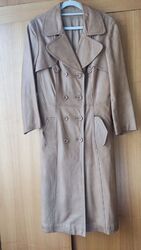 Schicker Ledermantel Lang Braun Trenchcoat Doppelreiher Damen Größe M