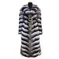 Elegante Frauen Langer Mantel Echte Rex Kaninchen Pelz Mantel Chinchilla Jacke