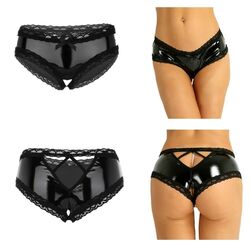 Damen Lack Leder Hot Pants Ouvert String Slips Unterwäsche Panties Reizwäsche