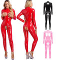 DE Damen Wetlook Body Leder Bodysuit Overall Lackleder Glänzend Dessous Catsuit