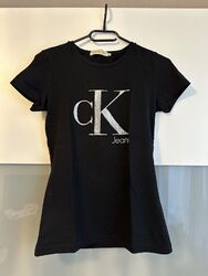 Calvin Klein Jeans Damen T-Shirt XS/34 Schwarz mit Logo Print weiß, Basic Shirt