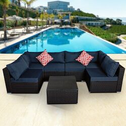 Gartenmöbel Sitzgruppe Sofa 7 tlg. Schwarz Blau Sitzkissen Lounge Polyrattan Set