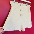 Zara High Papper Bag Button Front Waist Beige Damen Soft Linen Blend Shorts S