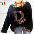 Italy Damen Sweatshirt Velours  kuschlig Glitzer Leo Kragen Schwarz 38 40 42