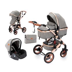 Trally® 3in1 Kombi-Kinderwagen Babywanne=Buggy Reisebuggy & Auto-Babyschale 300✔ Grau-Champagner ✔ Viel Zubehör ✔ Esstisch ✔ NEU