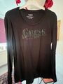 GUESS Shirt mit Glitzer Logo Schwarz Langarm Stretch Gr. XL  NEUWERTIG